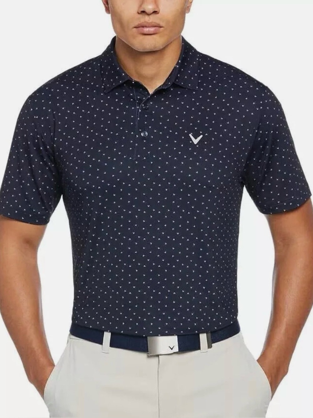 Callaway Opti Dri Men’s Golf Shirt navy Blue Chevron LG Poly Blend collard polo